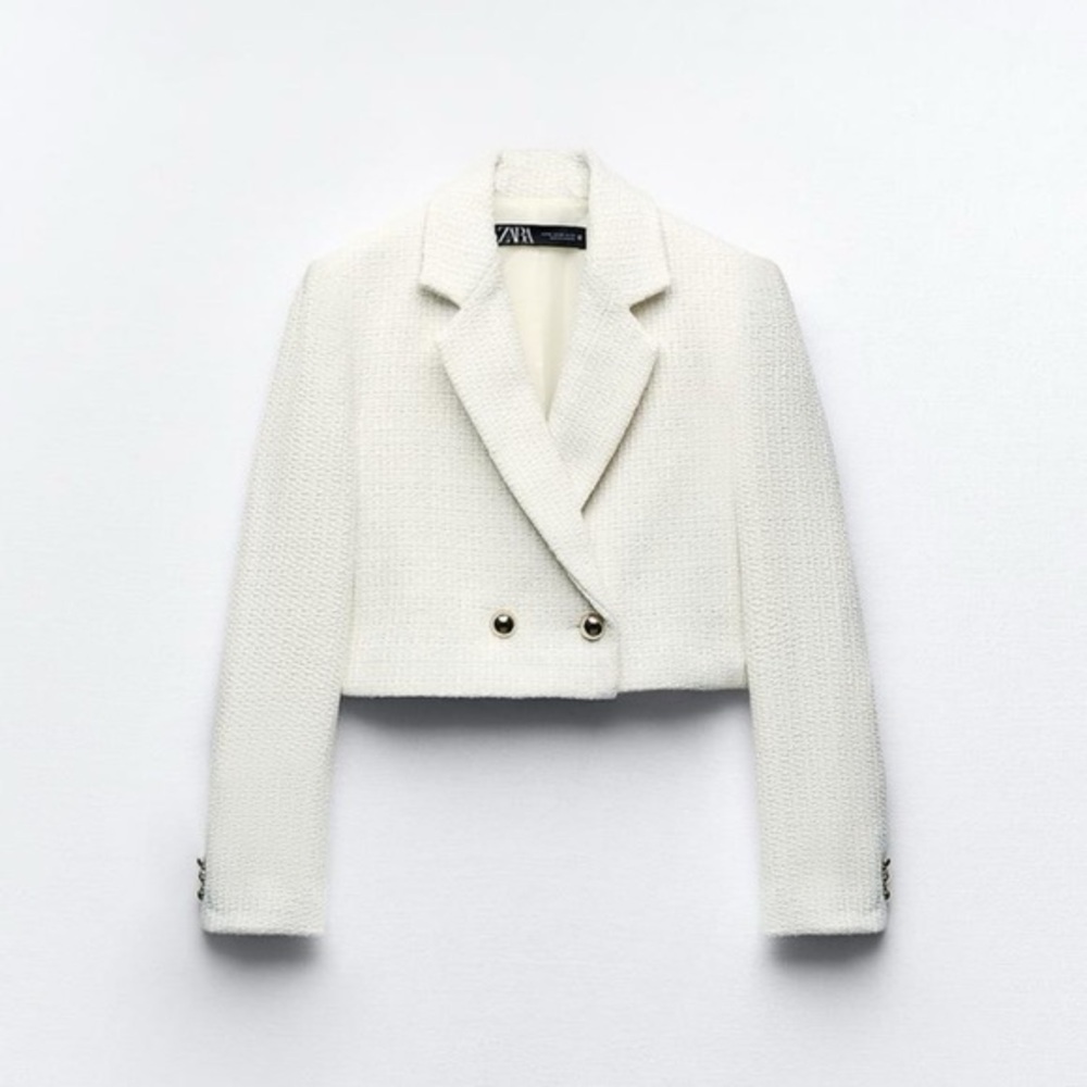Zara cropped tweed blazer in white with gold button